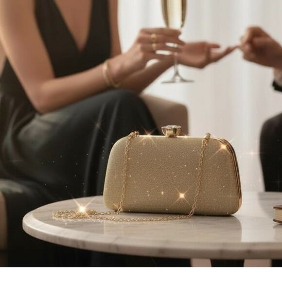 NWT Sparkly Gold Glitter Clutch Crossbody Shoulder Bag Hardshell Evening Purse - Picture 1 of 5